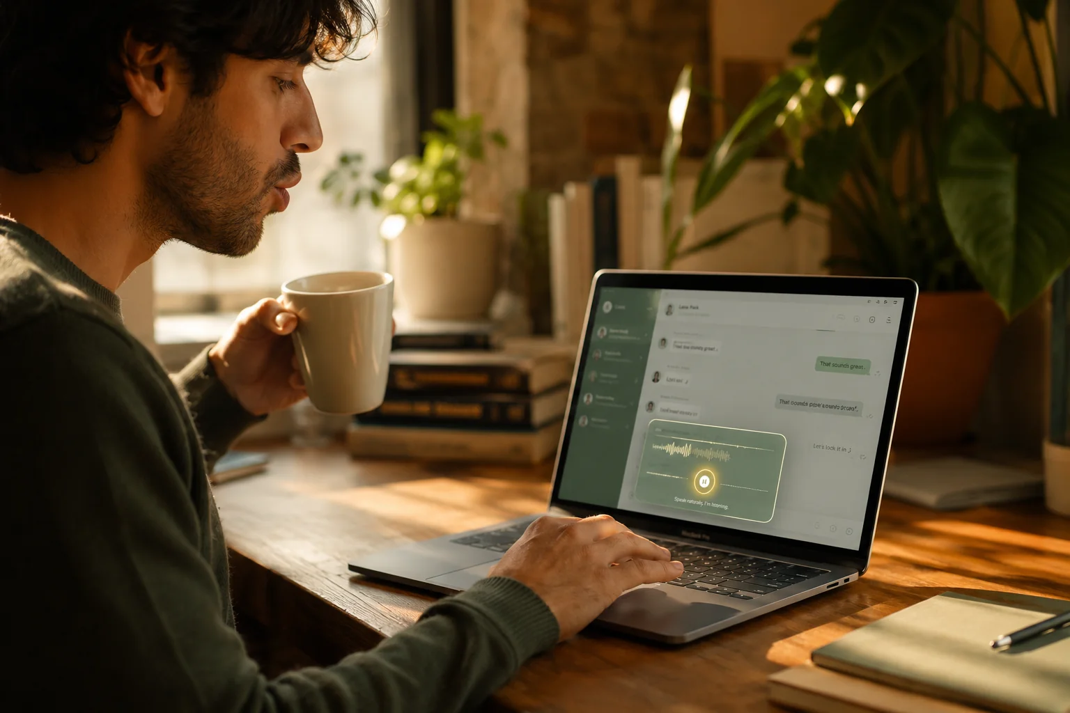 A man holds his coffee in one hand while his other hand rests on the laptop trackpad — HushType captures his voice with a single touch.