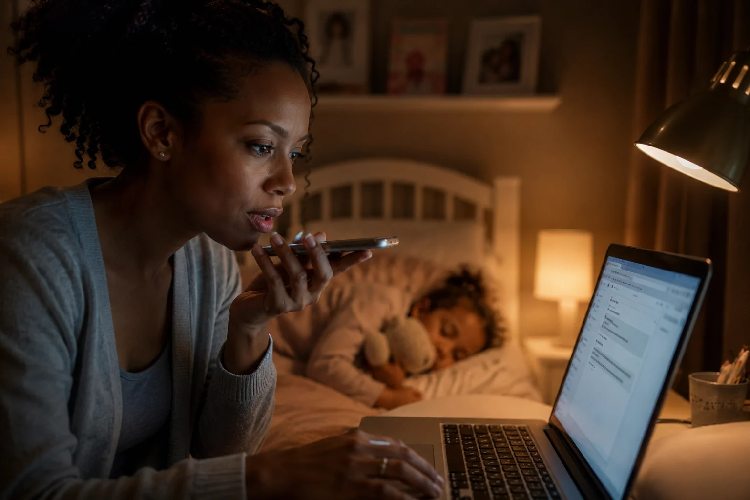 Late at night, a parent whispers into her phone with her child asleep beside her — the laptop screen shows the words appearing in real time.