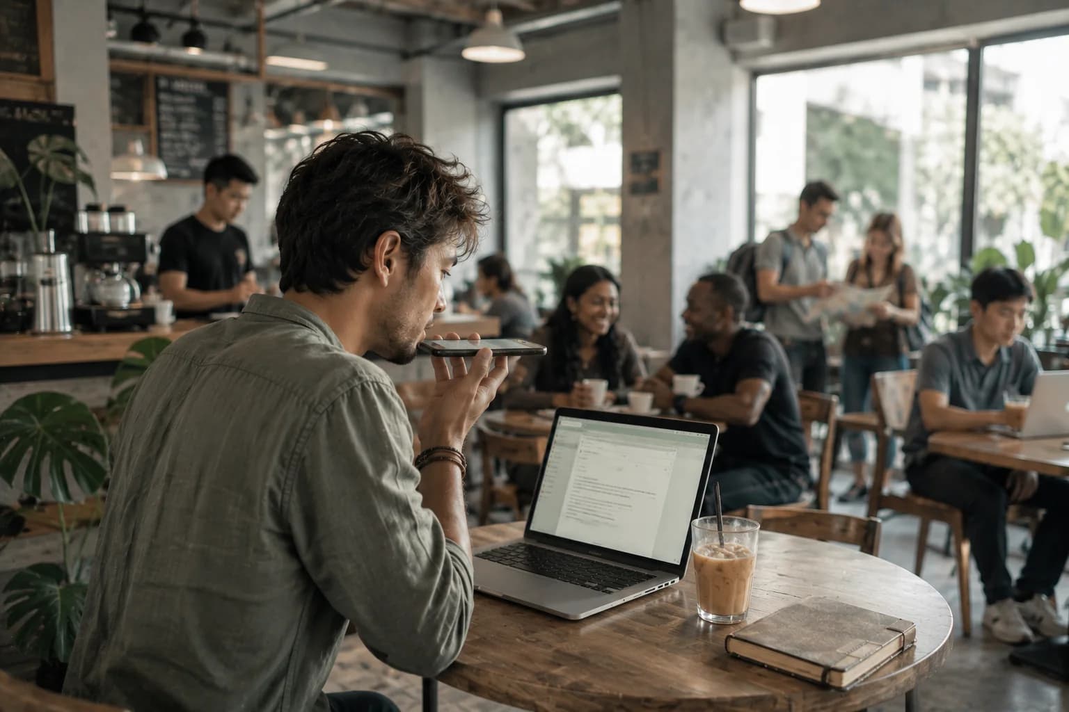 A man in a busy café whispers into his phone while strangers chat behind him — his laptop screen shows the words appearing cleanly through the noise.