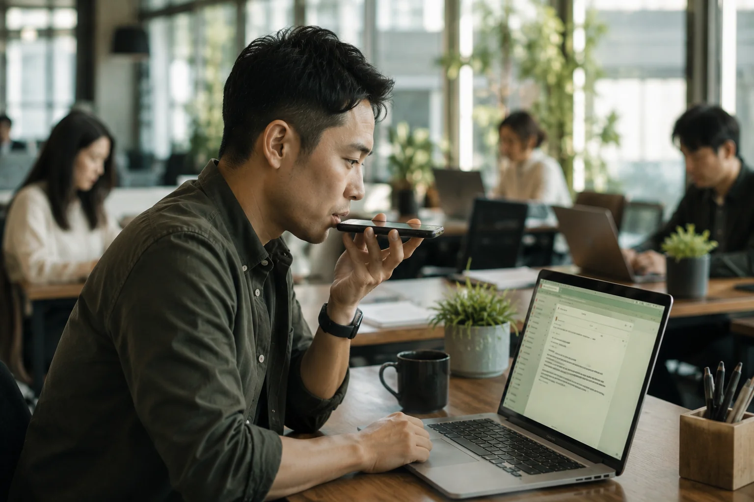 An engineer at an open-plan workstation whispers into his phone while colleagues work nearby — the laptop screen shows the words appearing on its own.