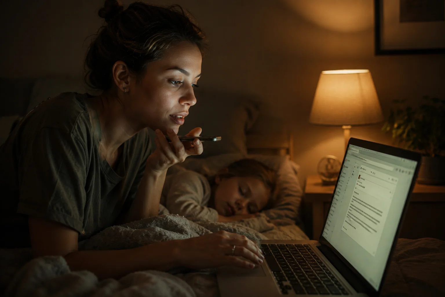 A parent presses a finger to her lips for quiet — her child sleeps undisturbed as she keeps working with HushType.