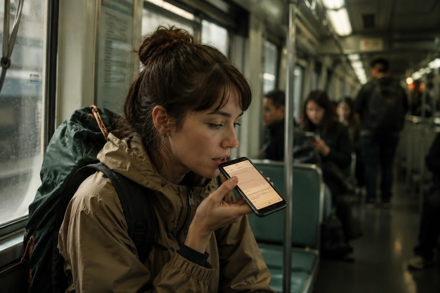 On a moving subway, a young commuter whispers a thought into her phone, capturing it before it slips away.